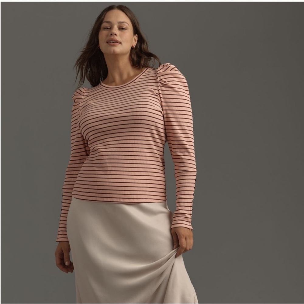 Maeve for Anthropologie Striped Puff-Sleeve Long-Sleeve Top Pink Burgundy